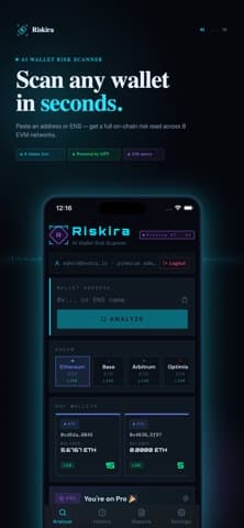 Riskira's scan screen, with an address field and four EVM networks listed as live