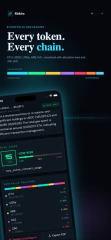 Riskira's portfolio view, breaking a wallet's holdings down by token