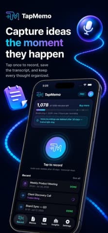 A phone screen showing captured notes in a list, each with its recording and written text held against the same entry