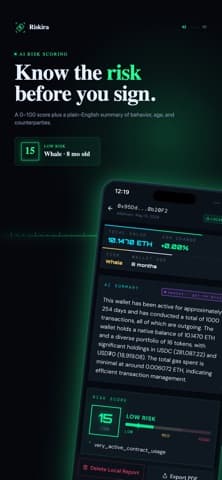 A Riskira wallet report on an iPhone, showing a low-risk score of 15, a plain-English summary of the wallet's history and an export button